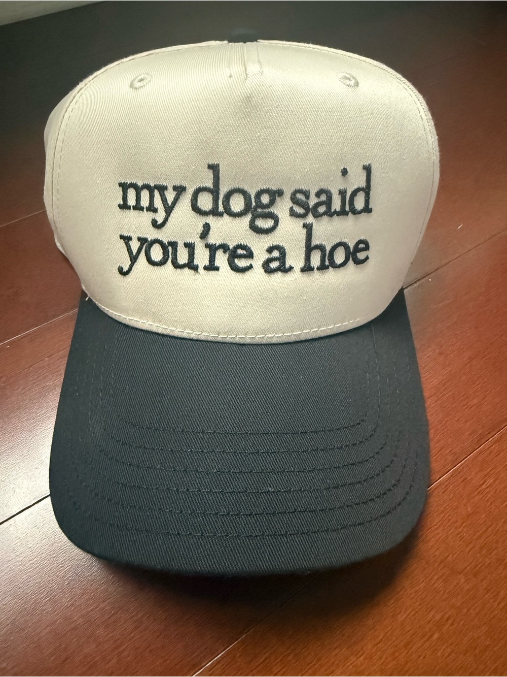 Beige and Black Embroidered Slogan Trucker Hat